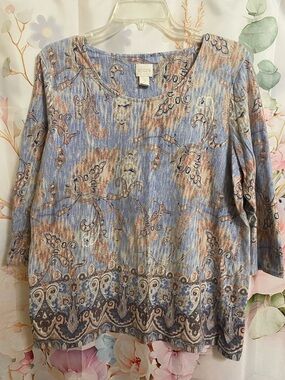 Chico's Blue and Tan Paisley-Print 3/4 Sleeve Top